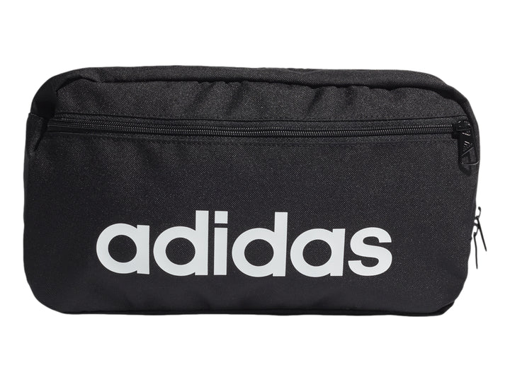 Bolsa de almacenamiento Adidas color negro con logotipo lineal en blanco y cierre superior.