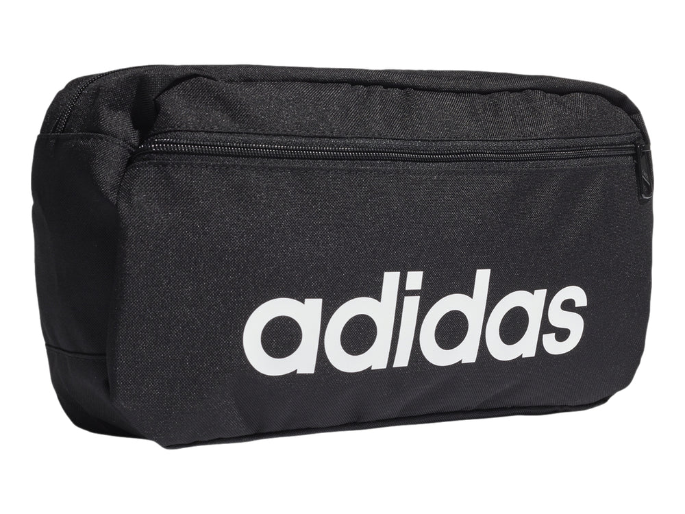 Bolsa de almacenamiento Adidas color negro con logotipo lineal en blanco y cierre superior.