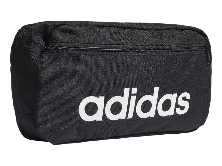 Bolsa de almacenamiento Adidas color negro con logotipo lineal en blanco y cierre superior.