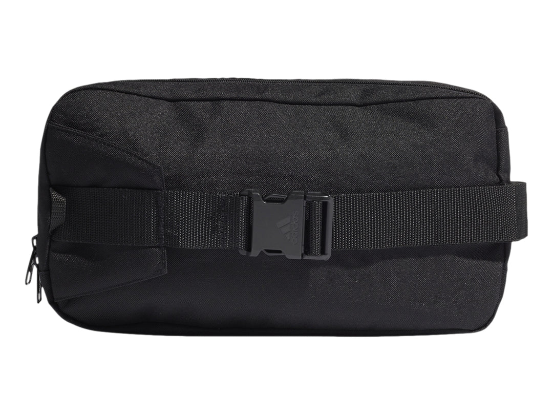 Bolsa de almacenamiento Adidas color negro con logotipo lineal en blanco y cierre superior.