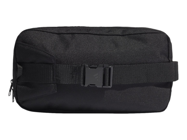 Bolsa de almacenamiento Adidas color negro con logotipo lineal en blanco y cierre superior.