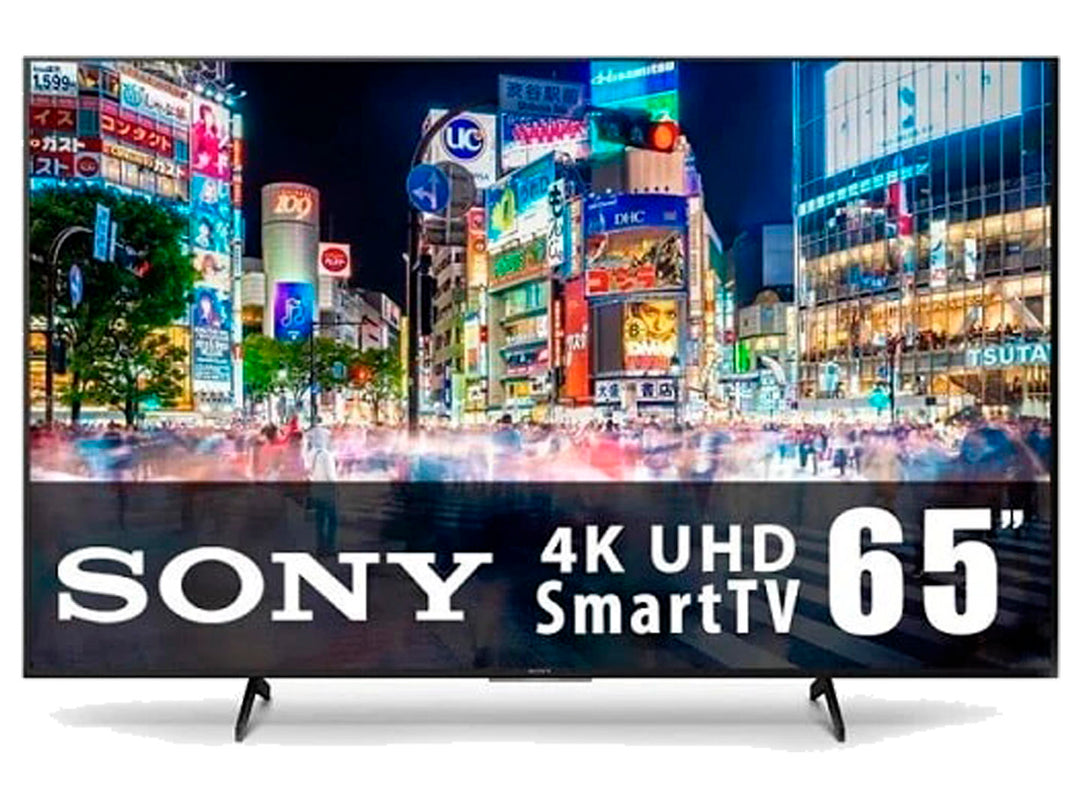 Televisor Sony Smart TV de 65 pulgadas, resolución 4K UHD en color negro con pantalla encendida.