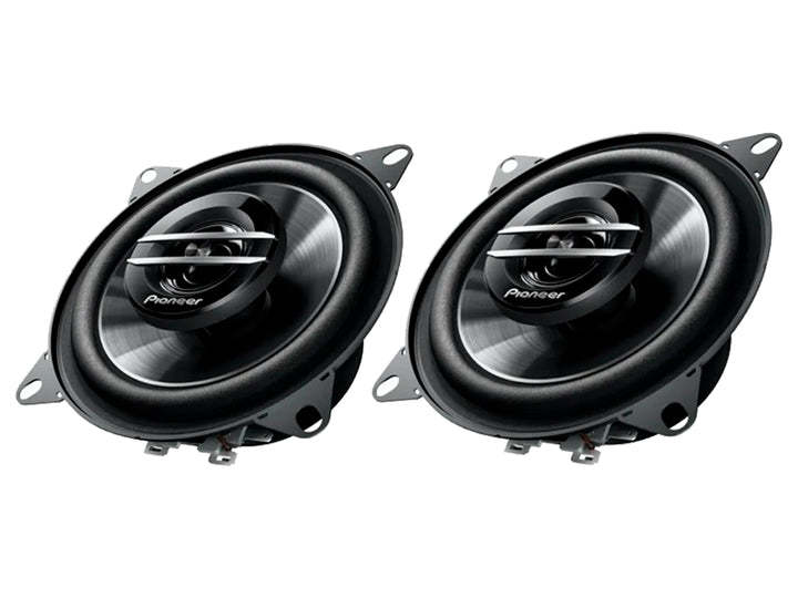Par de bocinas Pioneer TS G1020F negras con acabado metálico y forma circular.