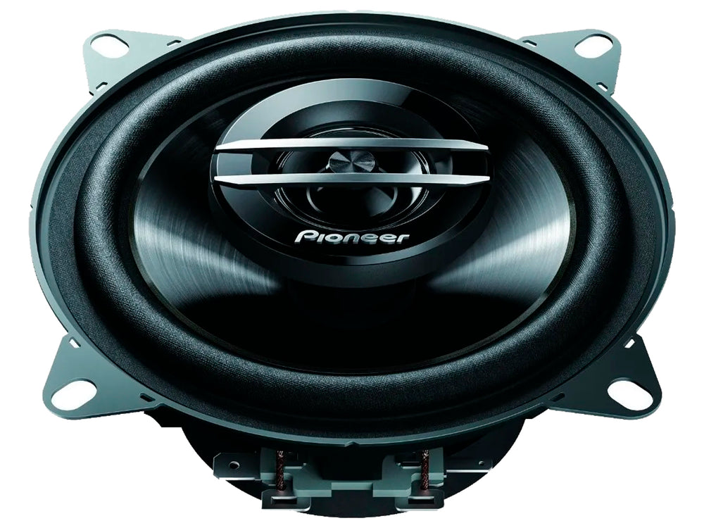 Par de bocinas Pioneer TS G1020F negras con acabado metálico y forma circular.