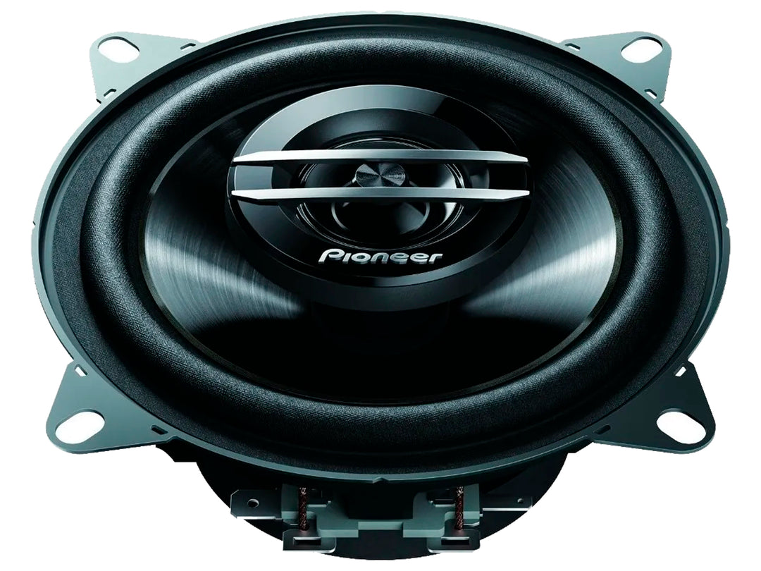 Par de bocinas Pioneer TS G1020F negras con acabado metálico y forma circular.