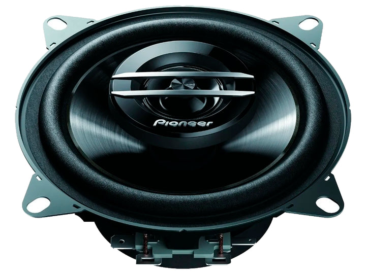 Par de bocinas Pioneer TS G1020F negras con acabado metálico y forma circular.