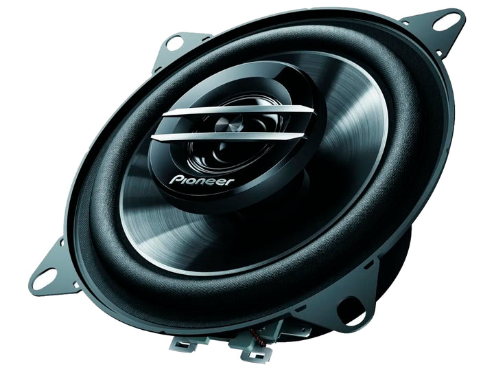 Par de bocinas Pioneer TS G1020F negras con acabado metálico y forma circular.