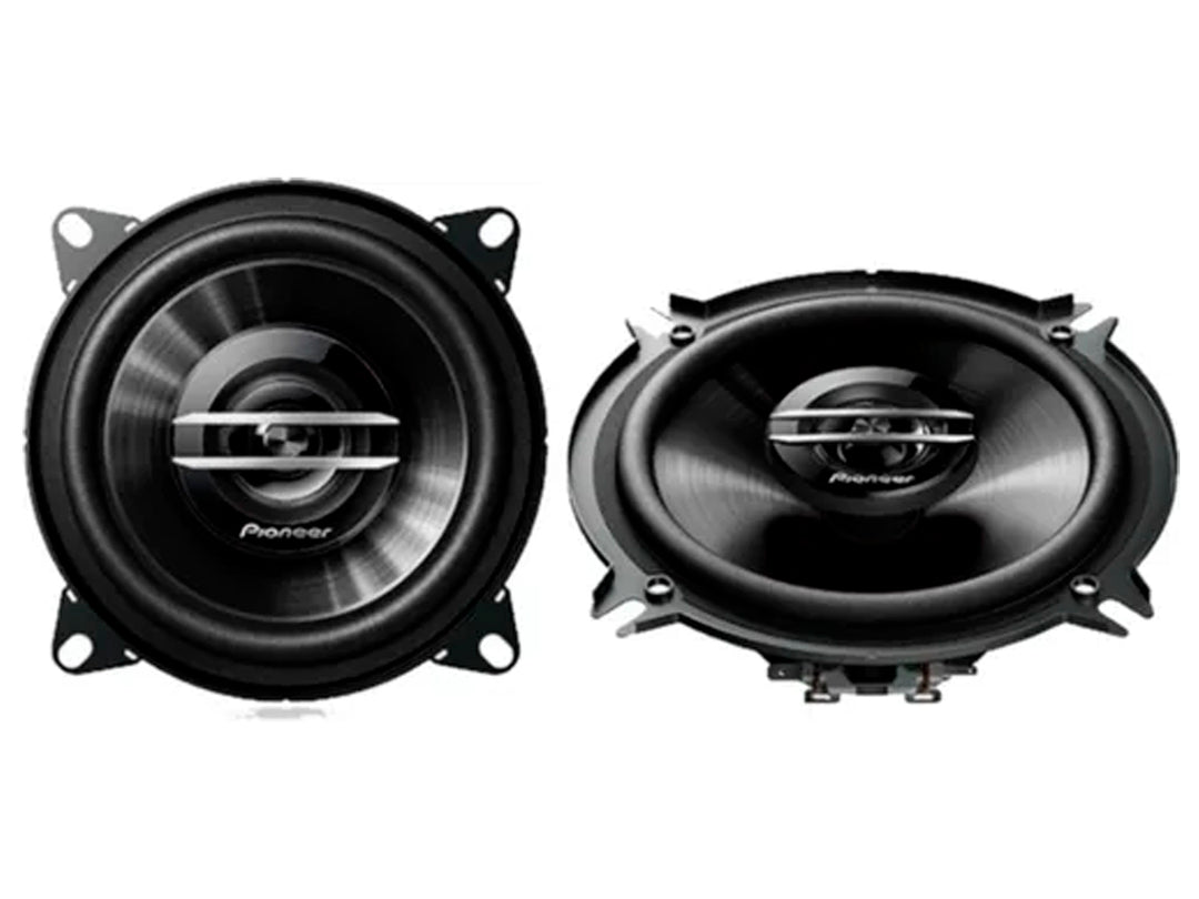 Par de bocinas Pioneer TS G1020F negras con acabado metálico y forma circular.