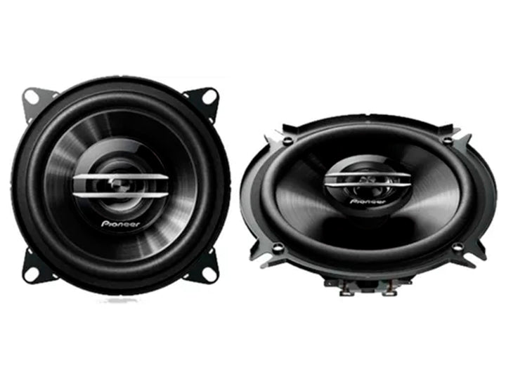 Par de bocinas Pioneer TS G1020F negras con acabado metálico y forma circular.