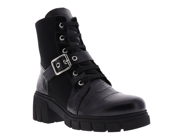 Bota de combate negra Vicenza con textura de cocodrilo, agujetas y suela de plataforma.