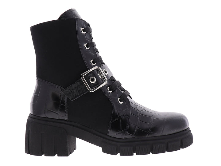 Bota de combate negra Vicenza con textura de cocodrilo, agujetas y suela de plataforma.
