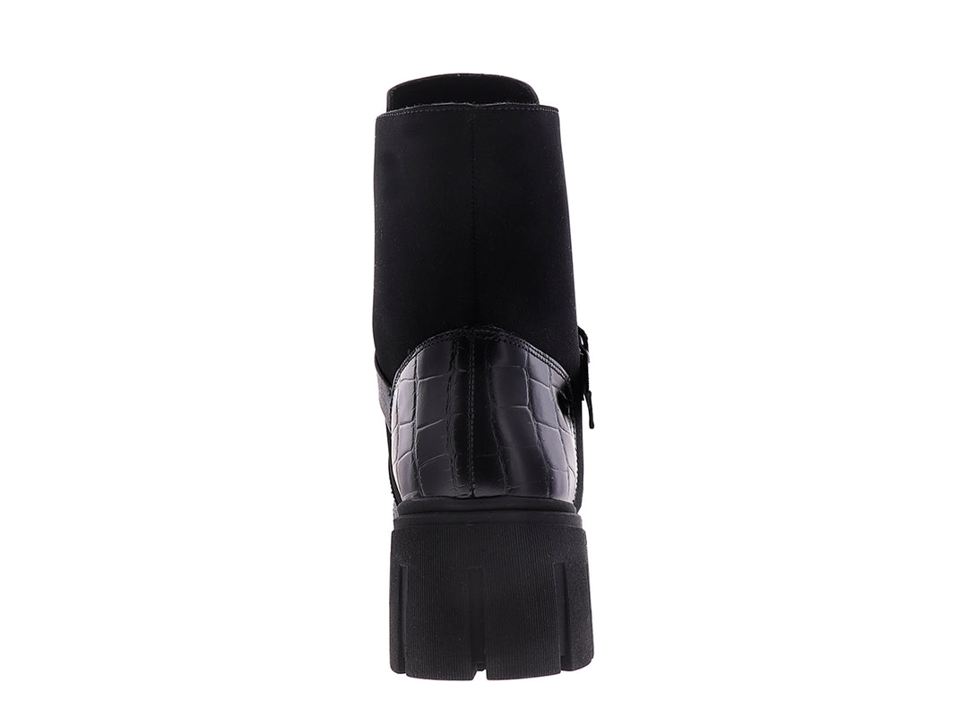 Bota de combate negra Vicenza con textura de cocodrilo, agujetas y suela de plataforma.