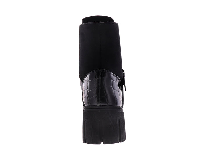 Bota de combate negra Vicenza con textura de cocodrilo, agujetas y suela de plataforma.