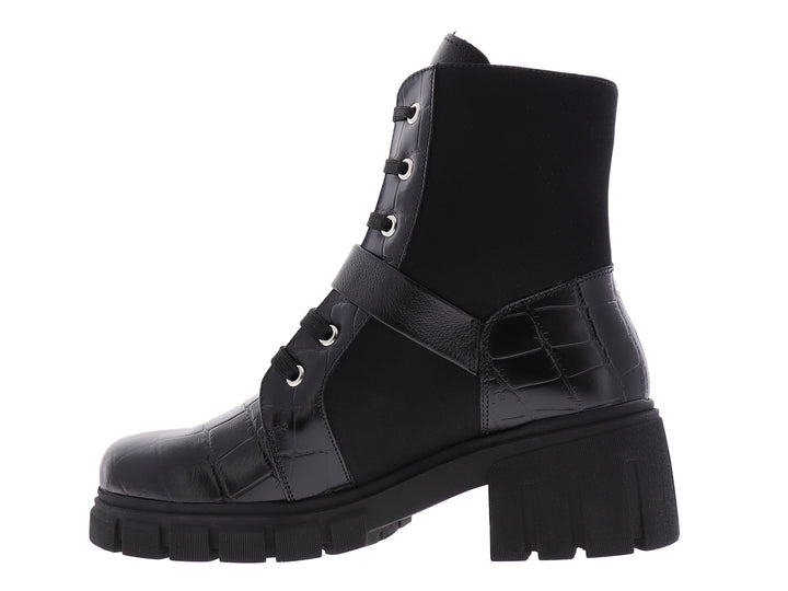Bota de combate negra Vicenza con textura de cocodrilo, agujetas y suela de plataforma.