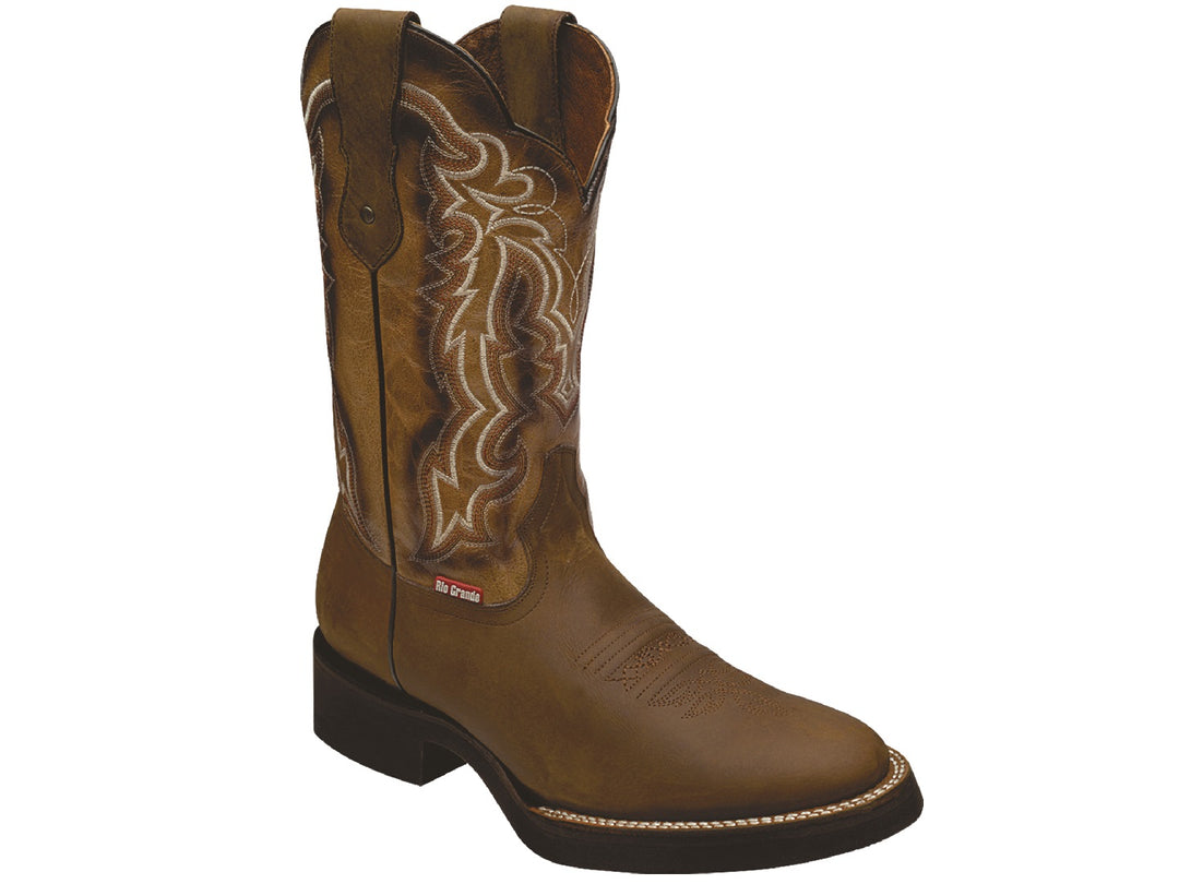 Bota vaquera Rio Grande para hombre en color marrón con bordados decorativos en la caña.