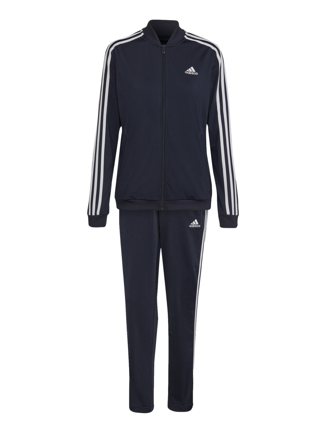 Mujer vistiendo conjunto deportivo Adidas azul marino oscuro con rayas blancas laterales.
