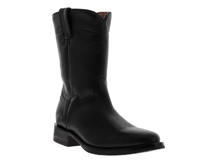 Bota vaquera de cuero color negro con diseño clásico y punta redondeada sobre fondo blanco.