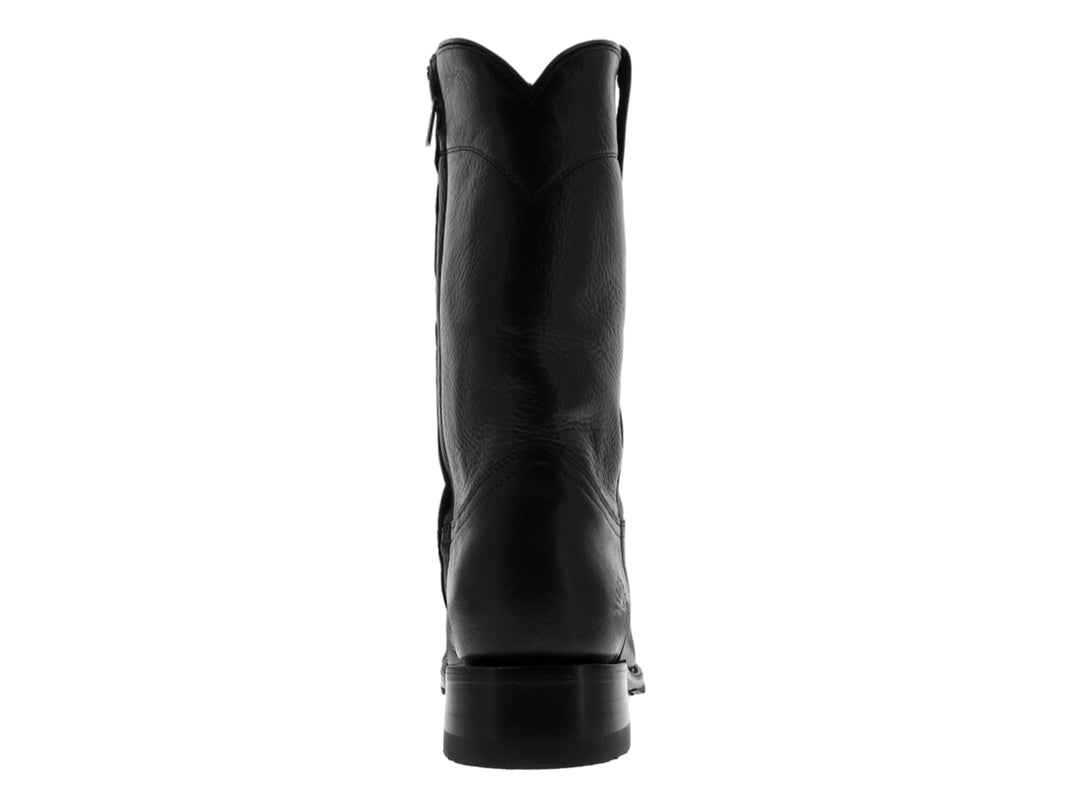 Bota vaquera de cuero color negro con diseño clásico y punta redondeada sobre fondo blanco.