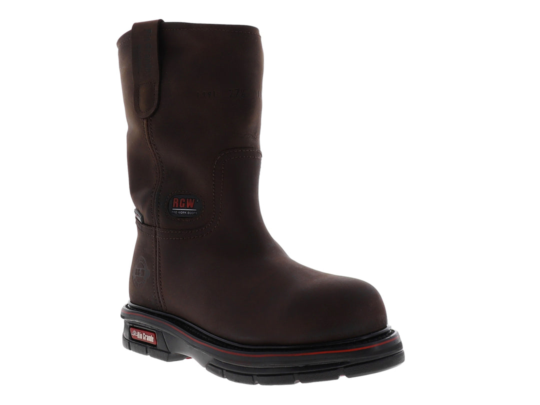 Bota de seguridad Rio Grande en color chocolate con casco de acero y suela negra.