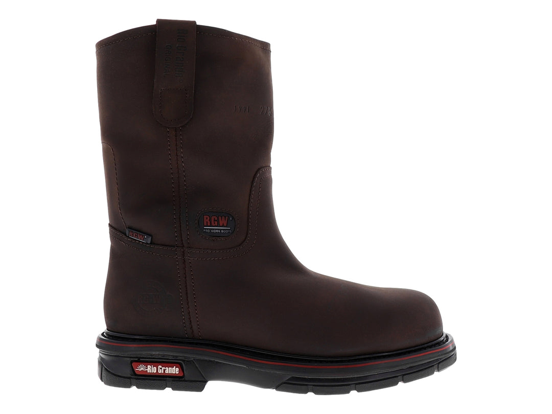 Bota de seguridad Rio Grande en color chocolate con casco de acero y suela negra.
