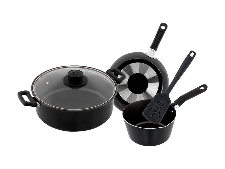 Batería de cocina EKCO de 5 piezas en color negro, incluye olla con tapa, sartén, cazo y espátula.