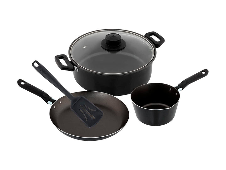 Batería de cocina EKCO de 5 piezas en color negro, incluye olla con tapa, sartén, cazo y espátula.