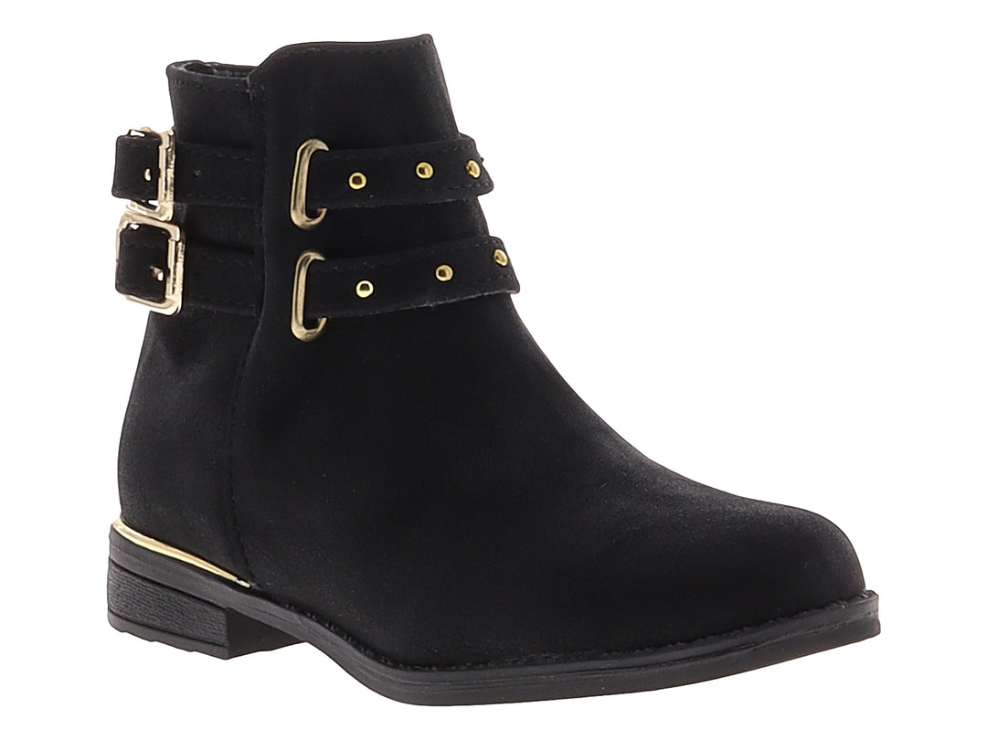 Bota corta color negro de material nobuck con dos correas y hebillas decorativas en color dorado.