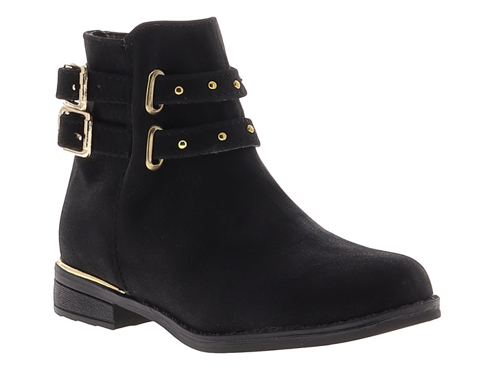 Bota corta color negro de material nobuck con dos correas y hebillas decorativas en color dorado.