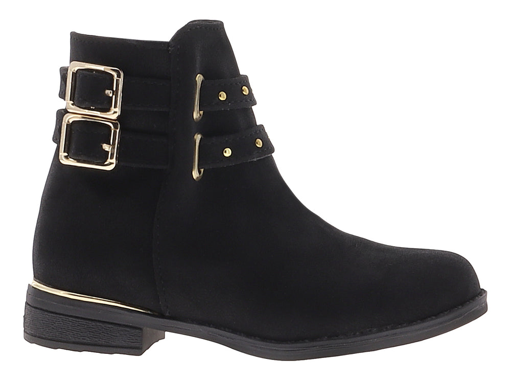 Bota corta color negro de material nobuck con dos correas y hebillas decorativas en color dorado.