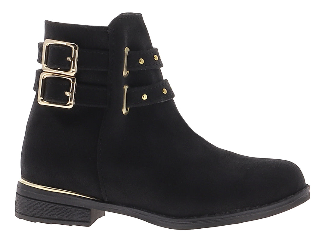 Bota corta color negro de material nobuck con dos correas y hebillas decorativas en color dorado.