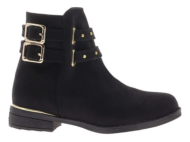 Bota corta color negro de material nobuck con dos correas y hebillas decorativas en color dorado.