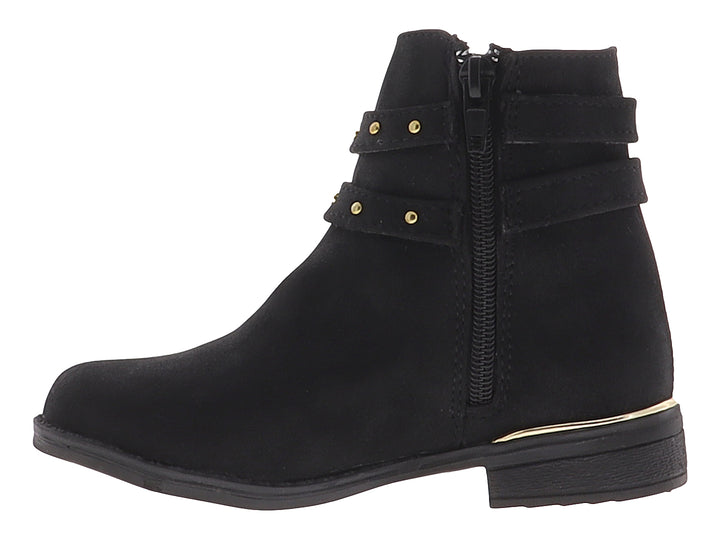 Bota corta color negro de material nobuck con dos correas y hebillas decorativas en color dorado.