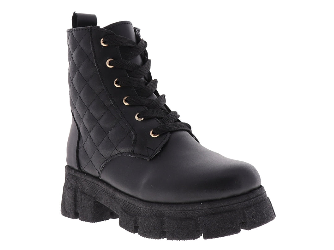Botas negras MIA BONITA con diseño acolchado, agujetas y suela de plataforma gruesa.