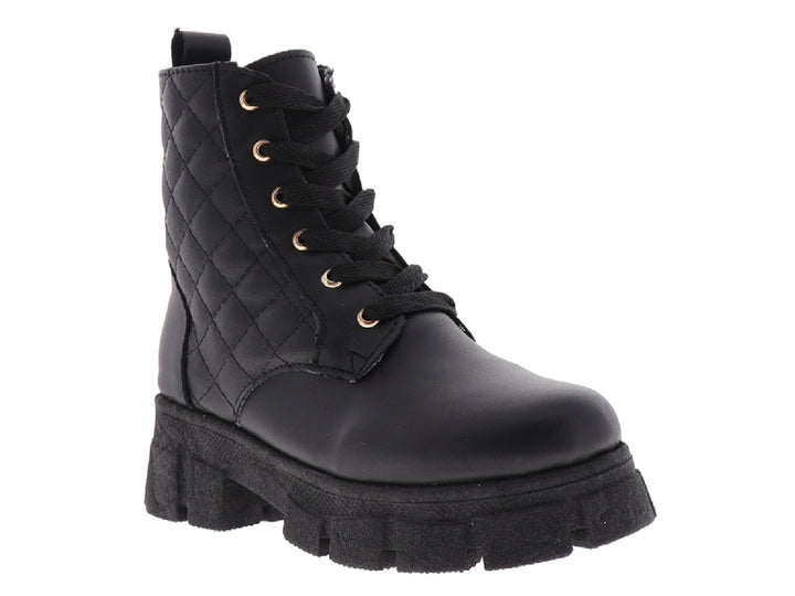 Botas negras MIA BONITA con diseño acolchado, agujetas y suela de plataforma gruesa.