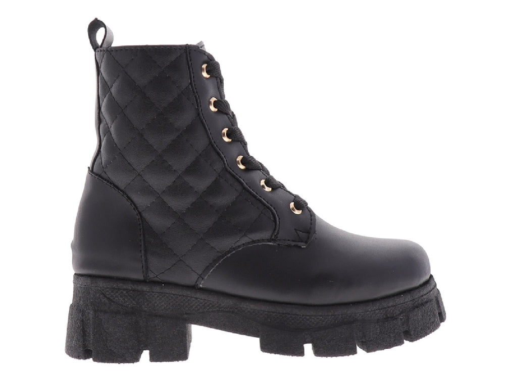 Botas negras MIA BONITA con diseño acolchado, agujetas y suela de plataforma gruesa.