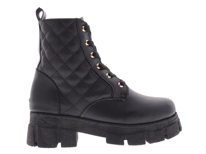 Botas negras MIA BONITA con diseño acolchado, agujetas y suela de plataforma gruesa.