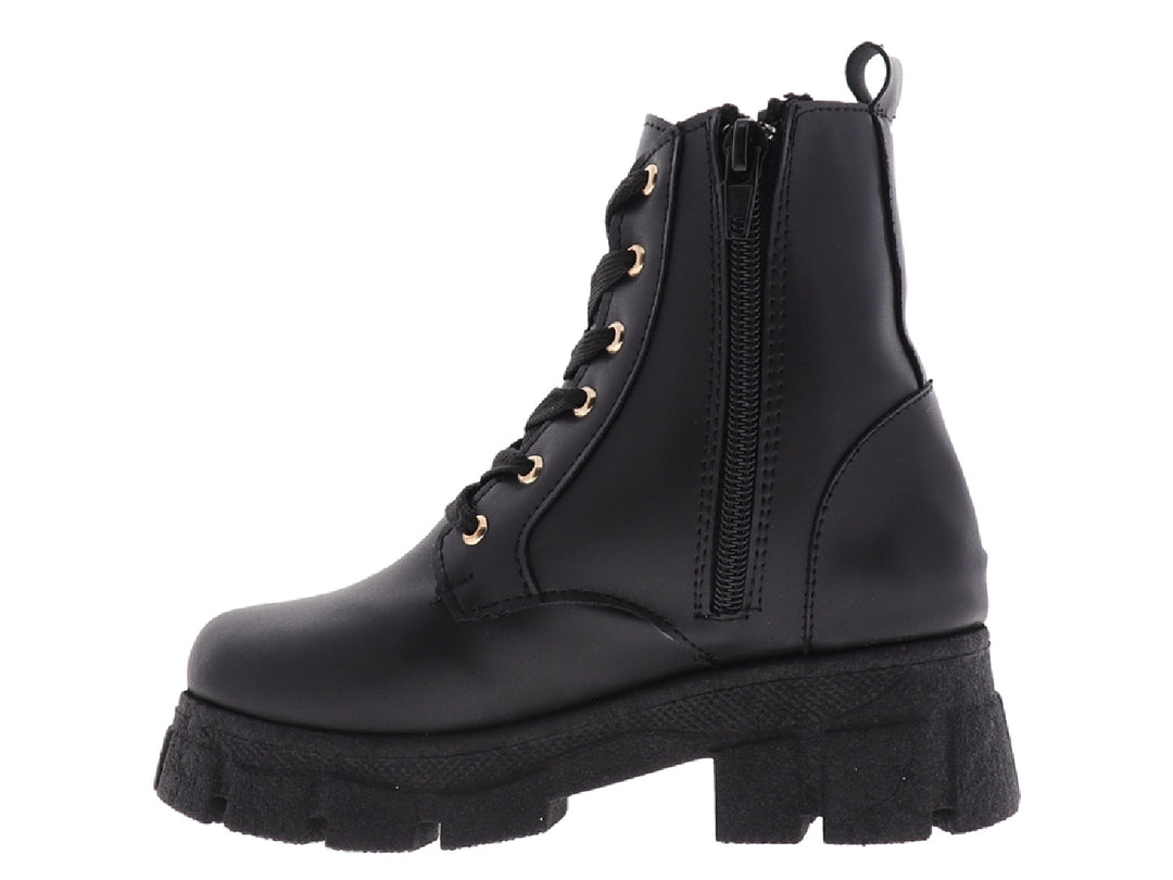 Botas negras MIA BONITA con diseño acolchado, agujetas y suela de plataforma gruesa.