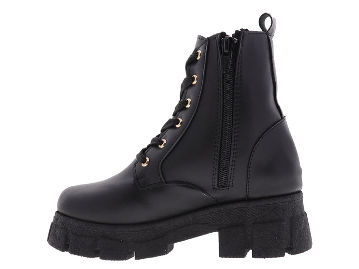 Botas negras MIA BONITA con diseño acolchado, agujetas y suela de plataforma gruesa.