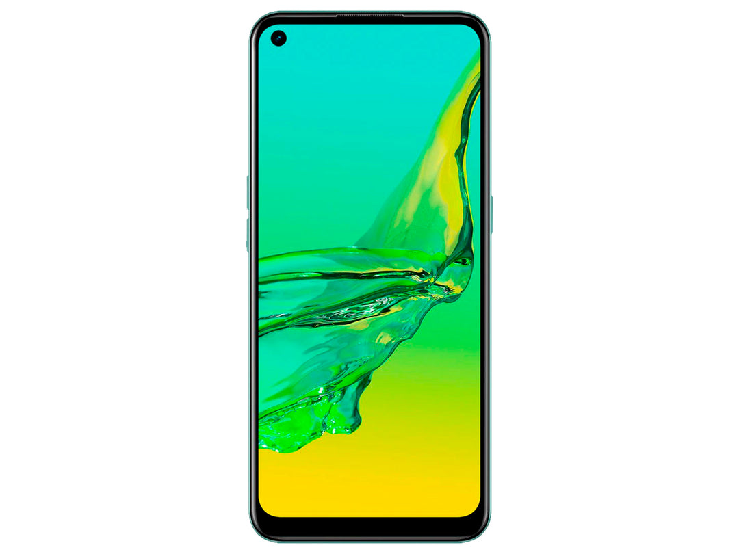 Smartphone OPPO A53 con pantalla encendida mostrando un fondo fluido en tonos verde y amarillo.