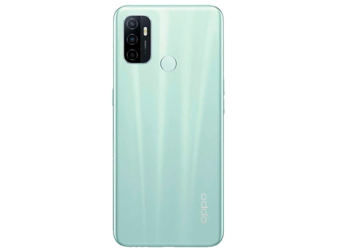 Smartphone OPPO A53 con pantalla encendida mostrando un fondo fluido en tonos verde y amarillo.
