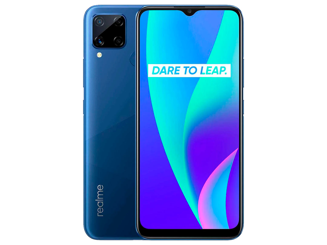 Teléfono inteligente Realme C15 en color azul, vista frontal y posterior sobre fondo blanco.
