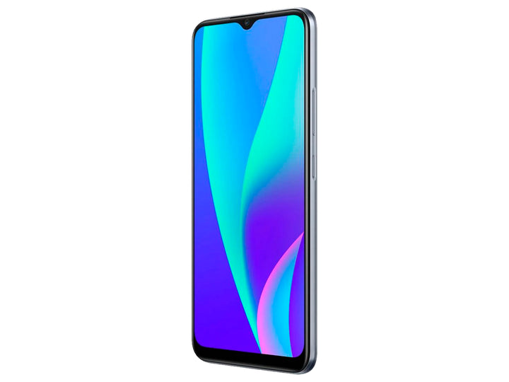Smartphone Realme C15 color gris con pantalla encendida mostrando un fondo colorido.