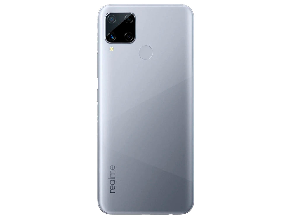 Smartphone Realme C15 color gris con pantalla encendida mostrando un fondo colorido.