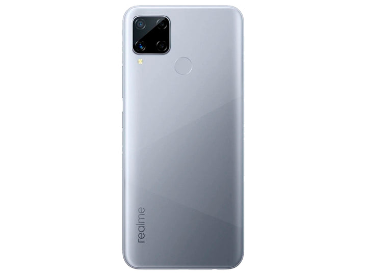 Smartphone Realme C15 color gris con pantalla encendida mostrando un fondo colorido.