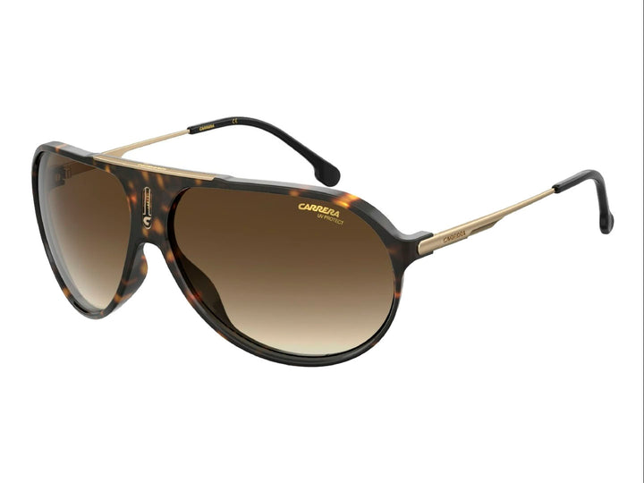 Lentes de sol Carrera modelo HOT65 con montura en color carey marrón, puente dorado y cristales degradados.