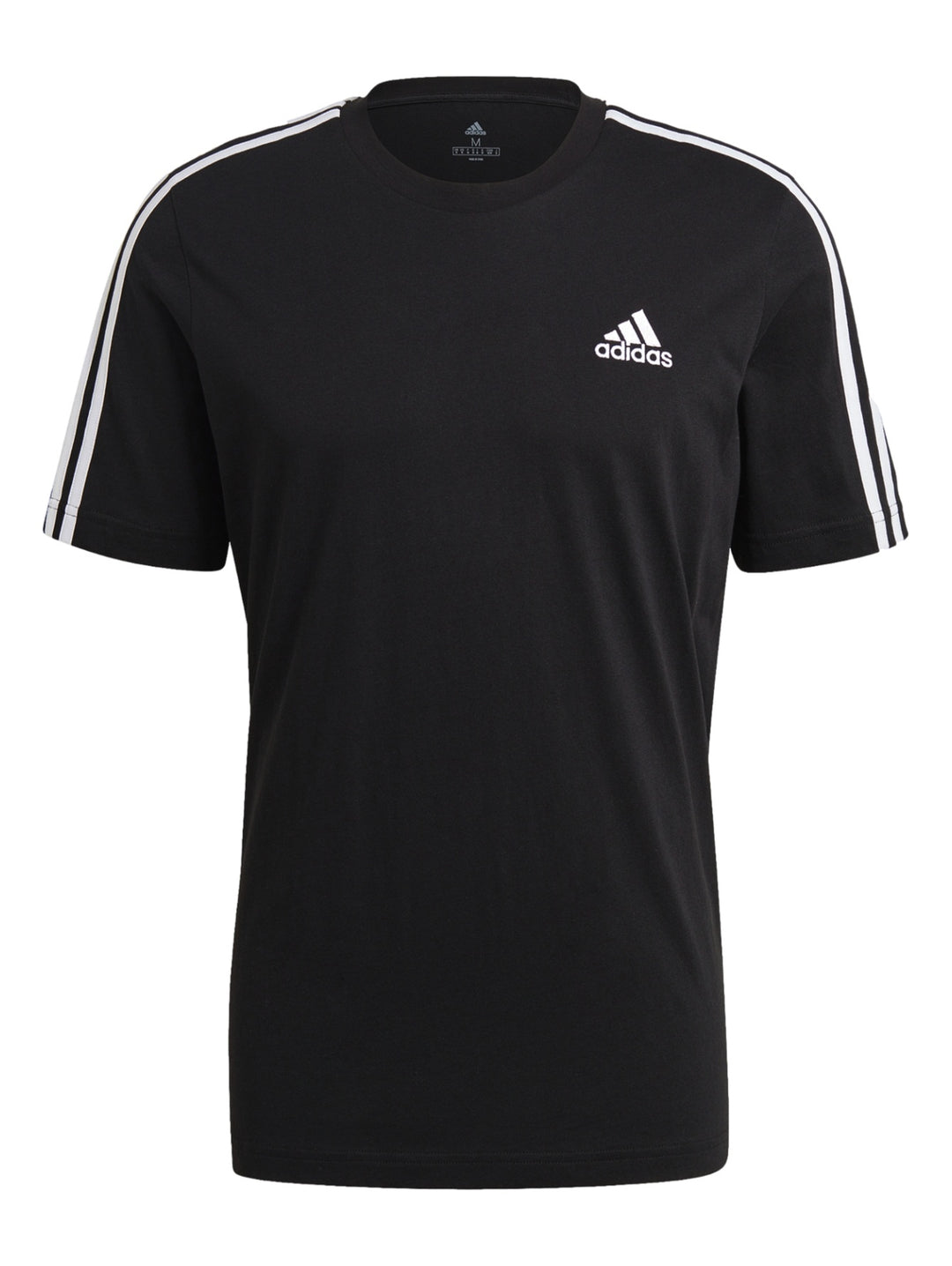 Hombre vistiendo playera deportiva Adidas color negro con tres franjas blancas en los hombros.