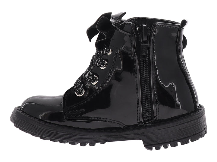 Botas negras de charol brillante para niña con moño decorativo y agujetas.