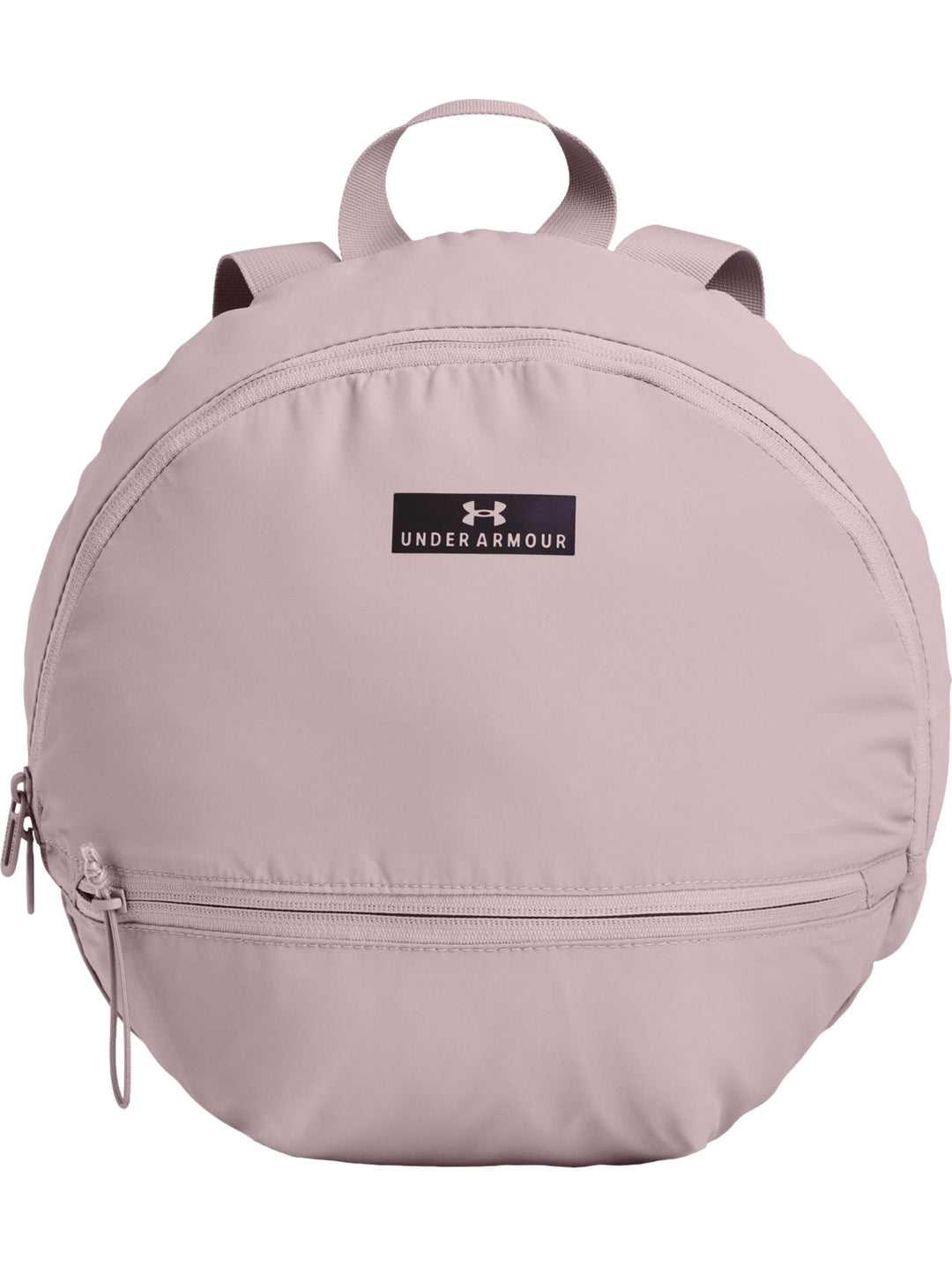 Mochila Under Armour Midi circular de color rosa pálido con logotipo frontal negro.