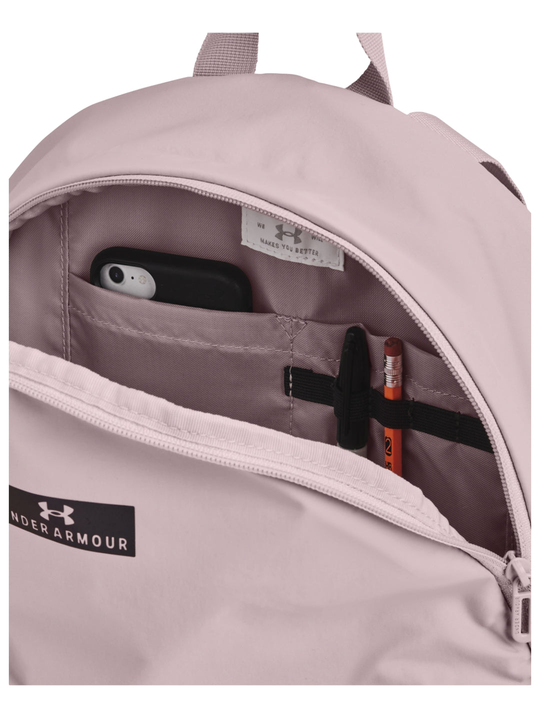 Mochila Under Armour Midi circular de color rosa pálido con logotipo frontal negro.