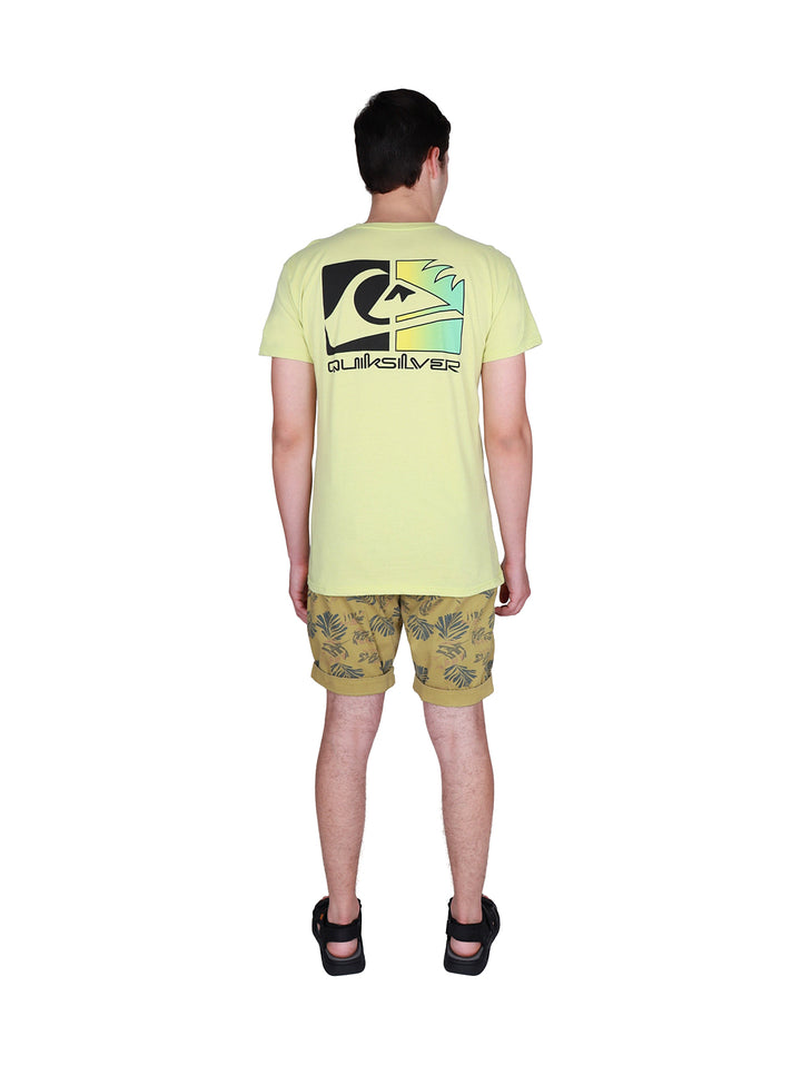 Hombre con camiseta de manga corta color verde pálido con logotipo de Quiksilver.